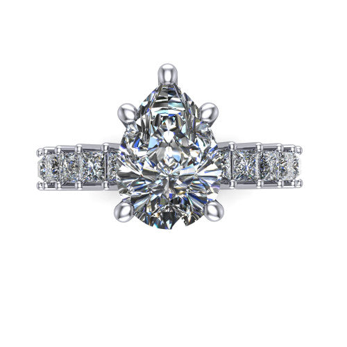 Maya pear classic engagement ring in 18K White Gold, top-down view showing the four-prong pear center and the row of princess cut accent diamonds