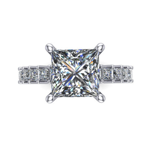 Maya princess classic engagement ring in 14K White Gold, top-down view showing the four-prong princess center and the row of princess cut accent diamonds