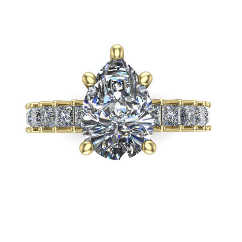 Maya pear classic engagement ring in 18K Yellow Gold, top-down view showing the four-prong pear center and the row of princess cut accent diamonds