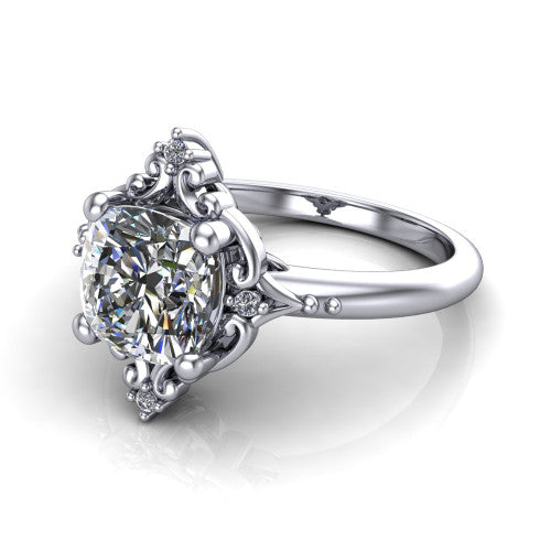 Hazel cushion vintage filigree engagement ring in 14K White Gold, three-quarter perspective showing the cushion center in an ornate filigree scroll frame above a plain band