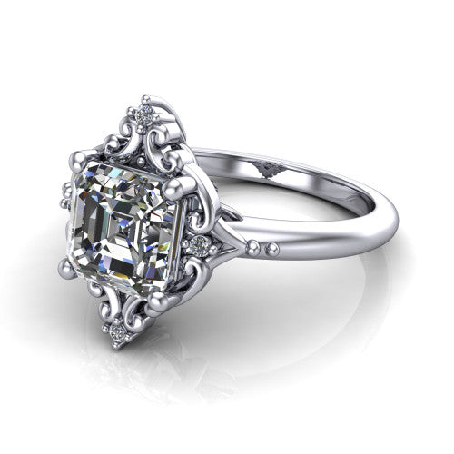 Hazel square emerald vintage filigree engagement ring in 14K White Gold, three-quarter perspective showing the square emerald center in an ornate filigree scroll frame above a plain band