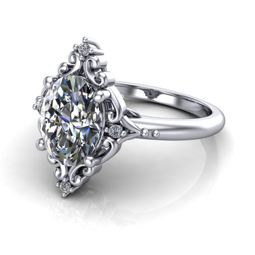 Hazel oval vintage filigree engagement ring in Platinum, three-quarter perspective showing the oval center in an ornate filigree scroll frame above a plain band
