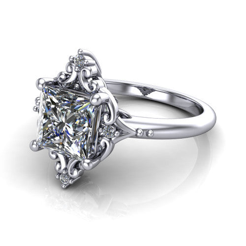 Hazel princess vintage filigree engagement ring in 14K White Gold, three-quarter perspective showing the princess center in an ornate filigree scroll frame above a plain band