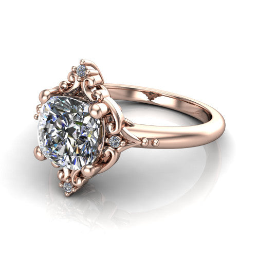 Hazel cushion vintage filigree engagement ring in 18K Rose Gold, three-quarter perspective showing the cushion center in an ornate filigree scroll frame above a plain band