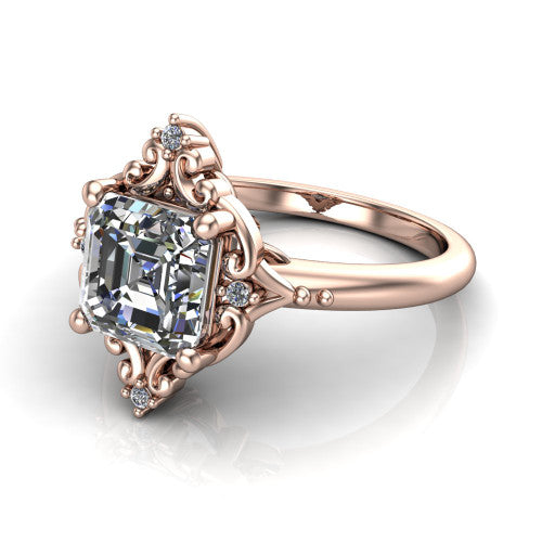 Hazel square emerald vintage filigree engagement ring in 14K Rose Gold, three-quarter perspective showing the square emerald center in an ornate filigree scroll frame above a plain band