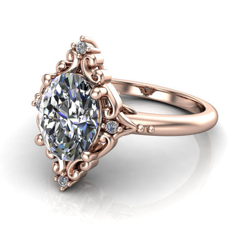 Hazel oval vintage filigree engagement ring in 18K Rose Gold, three-quarter perspective showing the oval center in an ornate filigree scroll frame above a plain band