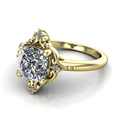 Hazel cushion vintage filigree engagement ring in 14K Yellow Gold, three-quarter perspective showing the cushion center in an ornate filigree scroll frame above a plain band