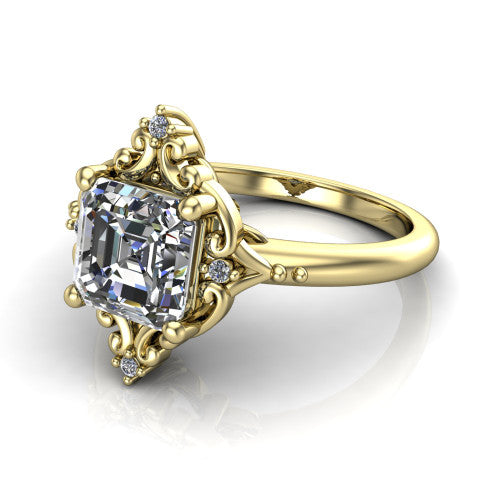 Hazel square emerald vintage filigree engagement ring in 18K Yellow Gold, three-quarter perspective showing the square emerald center in an ornate filigree scroll frame above a plain band