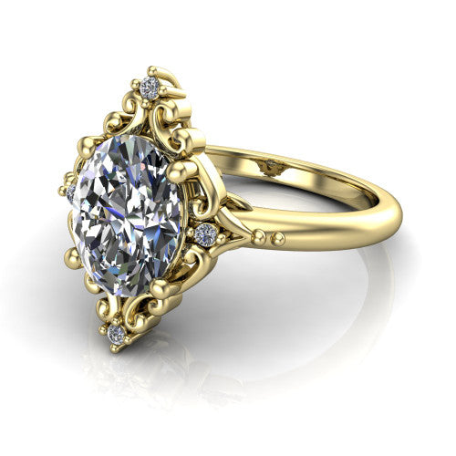 Hazel oval vintage filigree engagement ring in 14K Yellow Gold, three-quarter perspective showing the oval center in an ornate filigree scroll frame above a plain band