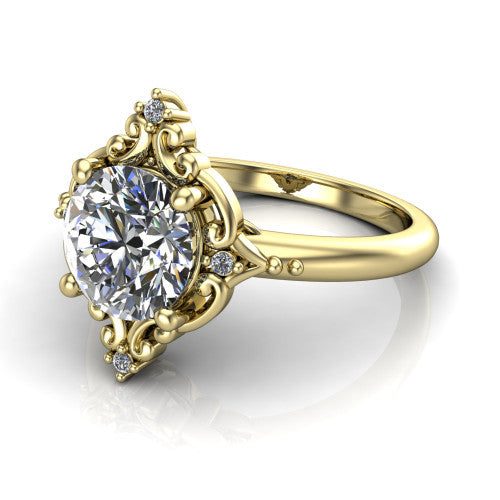 Hazel round vintage filigree engagement ring in 14K Yellow Gold, three-quarter perspective showing the round center in an ornate filigree scroll frame above a plain band