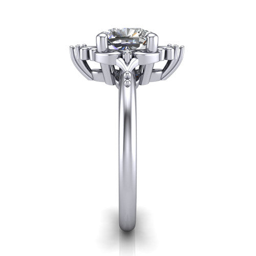 Hazel cushion vintage filigree engagement ring in 14K White Gold, side profile showing the filigree scrollwork, diamond side accents, and plain band in profile