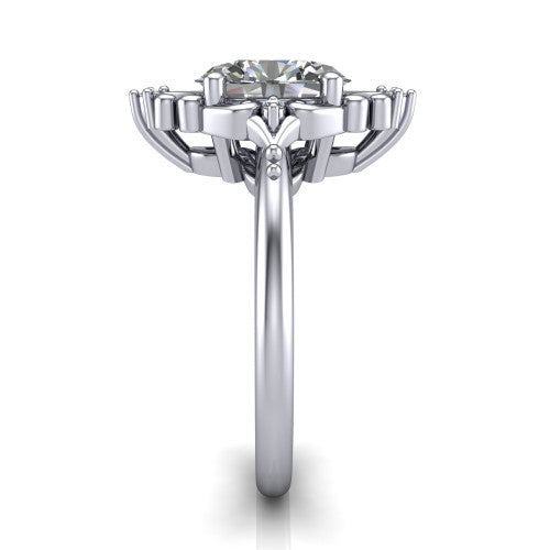 Hazel oval vintage filigree engagement ring in Platinum, side profile showing the filigree scrollwork, diamond side accents, and plain band in profile
