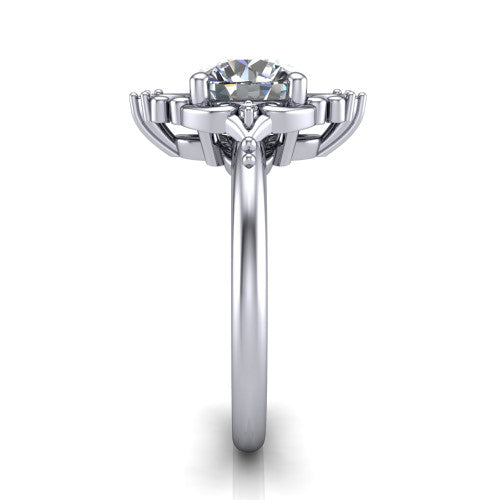 Hazel round vintage filigree engagement ring in Platinum, side profile showing the filigree scrollwork, diamond side accents, and plain band in profile