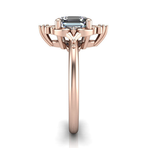 Hazel square emerald vintage filigree engagement ring in 14K Rose Gold, side profile showing the filigree scrollwork, diamond side accents, and plain band in profile