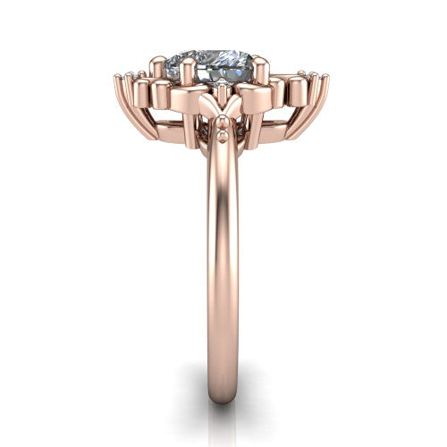 Hazel heart vintage filigree engagement ring in 14K Rose Gold, side profile showing the filigree scrollwork, diamond side accents, and plain band in profile