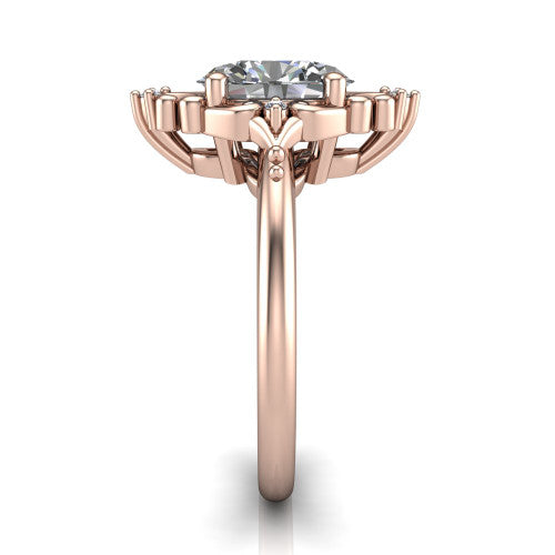 Hazel oval vintage filigree engagement ring in 18K Rose Gold, side profile showing the filigree scrollwork, diamond side accents, and plain band in profile