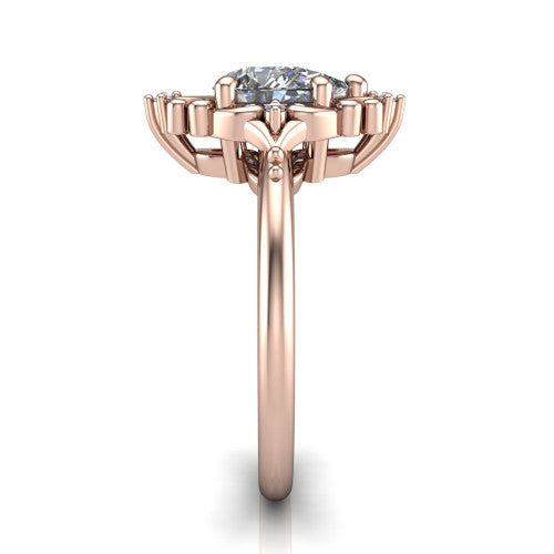 Hazel pear vintage filigree engagement ring in 14K Rose Gold, side profile showing the filigree scrollwork, diamond side accents, and plain band in profile