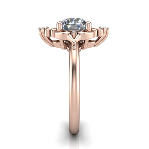 Hazel round vintage filigree engagement ring in 14K Rose Gold, side profile showing the filigree scrollwork, diamond side accents, and plain band in profile