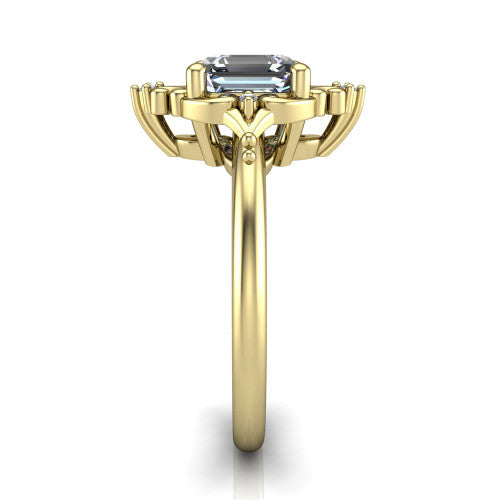 Hazel square emerald vintage filigree engagement ring in 18K Yellow Gold, side profile showing the filigree scrollwork, diamond side accents, and plain band in profile
