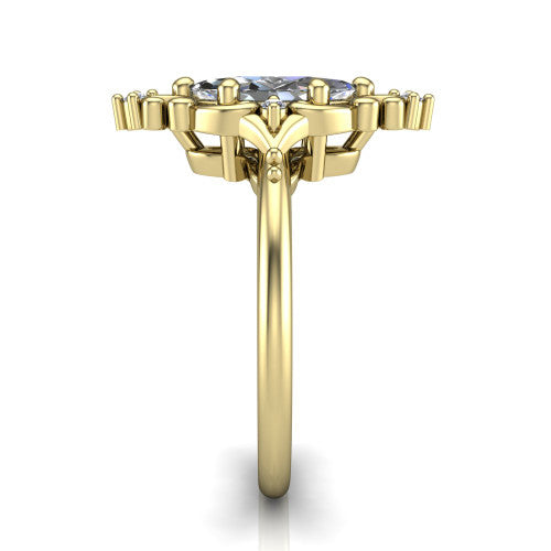 Hazel marquise vintage filigree engagement ring in 18K Yellow Gold, side profile showing the filigree scrollwork, diamond side accents, and plain band in profile