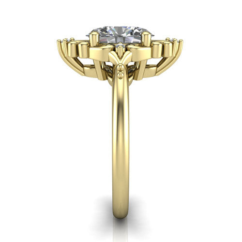 Hazel oval vintage filigree engagement ring in 18K Yellow Gold, side profile showing the filigree scrollwork, diamond side accents, and plain band in profile