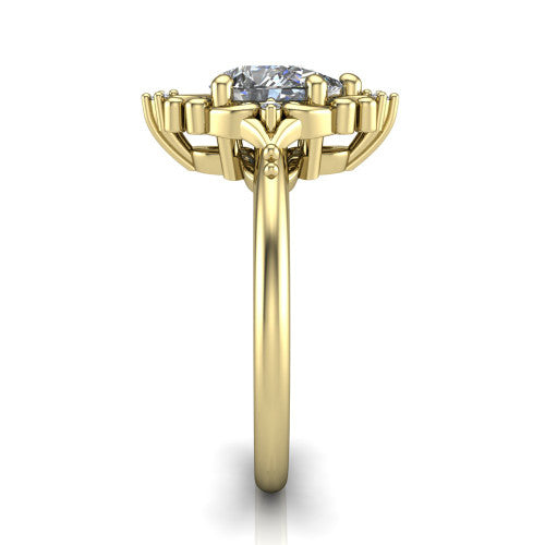 Hazel pear vintage filigree engagement ring in 14K Yellow Gold, side profile showing the filigree scrollwork, diamond side accents, and plain band in profile