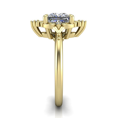 Hazel princess vintage filigree engagement ring in 18K Yellow Gold, side profile showing the filigree scrollwork, diamond side accents, and plain band in profile
