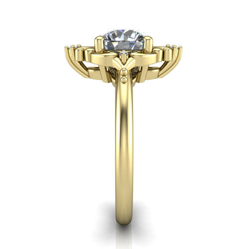 Hazel round vintage filigree engagement ring in 14K Yellow Gold, side profile showing the filigree scrollwork, diamond side accents, and plain band in profile