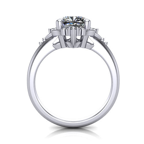 Hazel cushion vintage filigree engagement ring in 18K White Gold, through-finger front profile showing the filigree frame and gallery above the plain band