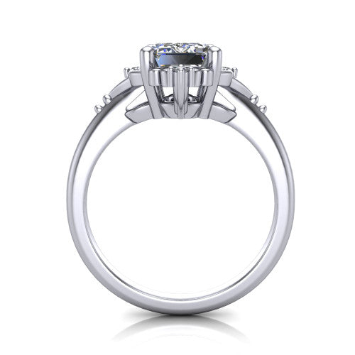 Hazel emerald vintage filigree engagement ring in 14K White Gold, through-finger front profile showing the filigree frame and gallery above the plain band