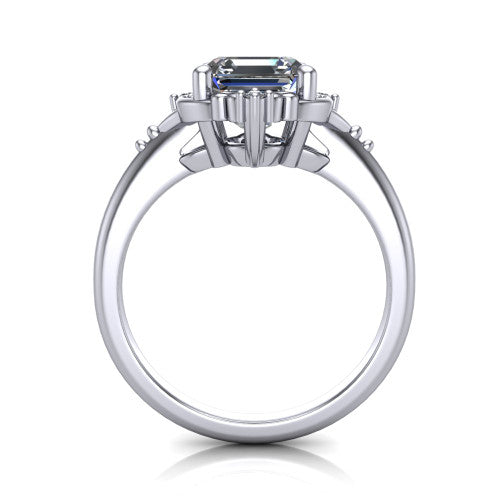 Hazel square emerald vintage filigree engagement ring in 18K White Gold, through-finger front profile showing the filigree frame and gallery above the plain band