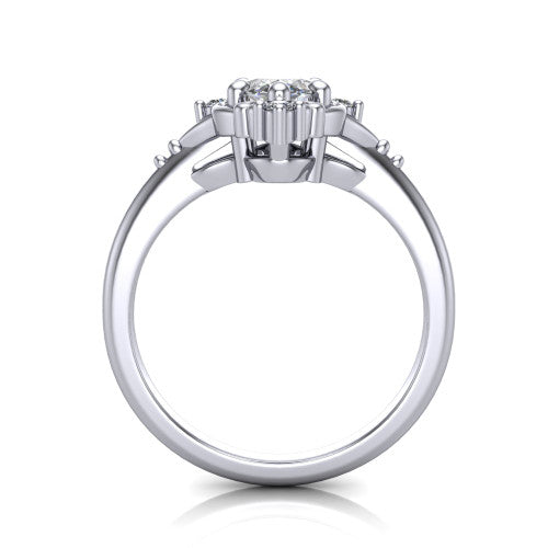 Hazel marquise vintage filigree engagement ring in 18K White Gold, through-finger front profile showing the filigree frame and gallery above the plain band
