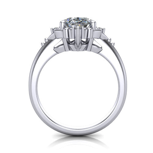 Hazel oval vintage filigree engagement ring in 14K White Gold, through-finger front profile showing the filigree frame and gallery above the plain band