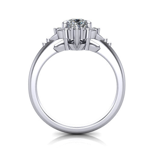 Hazel pear vintage filigree engagement ring in 18K White Gold, through-finger front profile showing the filigree frame and gallery above the plain band