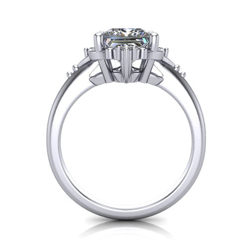 Hazel princess vintage filigree engagement ring in 18K White Gold, through-finger front profile showing the filigree frame and gallery above the plain band
