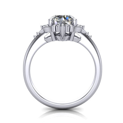 Hazel round vintage filigree engagement ring in 18K White Gold, through-finger front profile showing the filigree frame and gallery above the plain band
