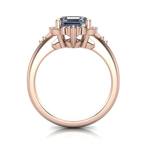 Hazel square emerald vintage filigree engagement ring in 14K Rose Gold, through-finger front profile showing the filigree frame and gallery above the plain band