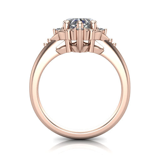 Hazel heart vintage filigree engagement ring in 14K Rose Gold, through-finger front profile showing the filigree frame and gallery above the plain band