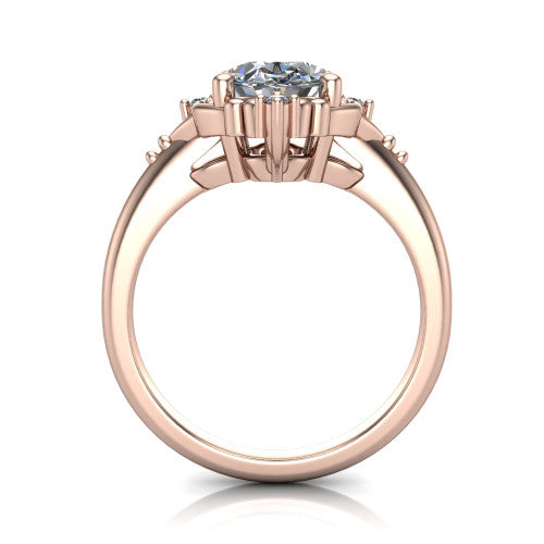 Hazel oval vintage filigree engagement ring in 18K Rose Gold, through-finger front profile showing the filigree frame and gallery above the plain band