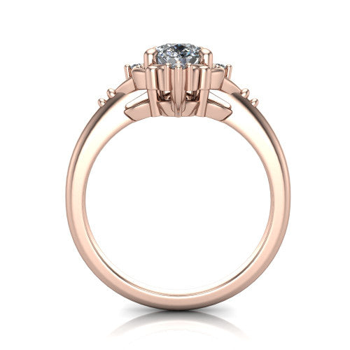 Hazel pear vintage filigree engagement ring in 18K Rose Gold, through-finger front profile showing the filigree frame and gallery above the plain band