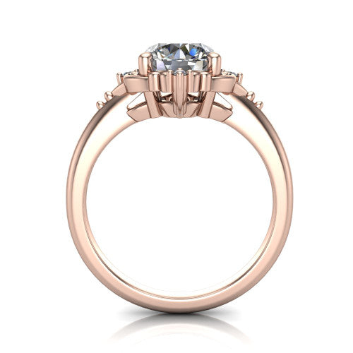 Hazel round vintage filigree engagement ring in 14K Rose Gold, through-finger front profile showing the filigree frame and gallery above the plain band