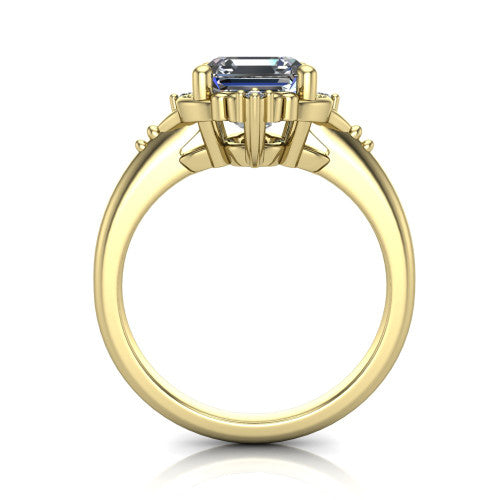 Hazel square emerald vintage filigree engagement ring in 18K Yellow Gold, through-finger front profile showing the filigree frame and gallery above the plain band