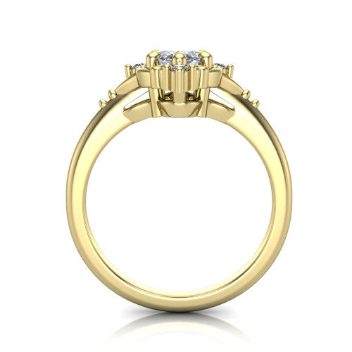 Hazel marquise vintage filigree engagement ring in 14K Yellow Gold, through-finger front profile showing the filigree frame and gallery above the plain band