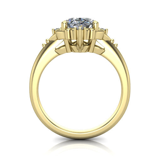 Hazel oval vintage filigree engagement ring in 14K Yellow Gold, through-finger front profile showing the filigree frame and gallery above the plain band