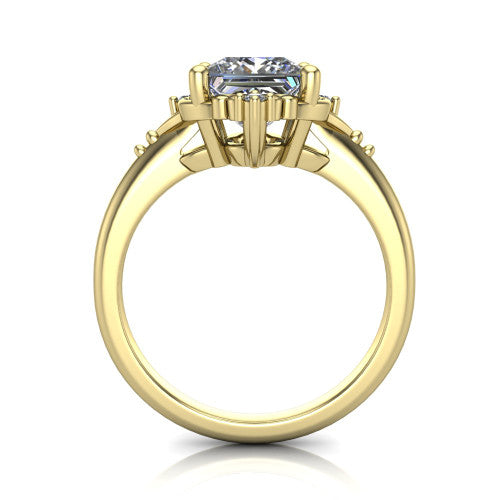 Hazel princess vintage filigree engagement ring in 14K Yellow Gold, through-finger front profile showing the filigree frame and gallery above the plain band