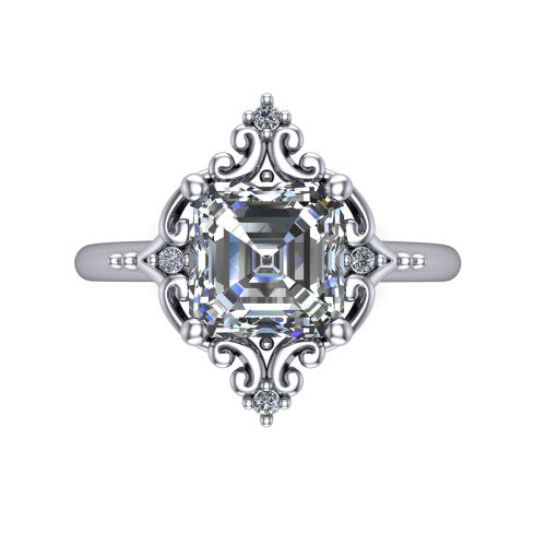 Hazel square emerald vintage filigree engagement ring in 14K White Gold, top-down view showing the vintage scrollwork frame and corner diamond accents around the square emerald center