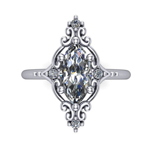 Hazel marquise vintage filigree engagement ring in 14K White Gold, top-down view showing the vintage scrollwork frame and corner diamond accents around the marquise center