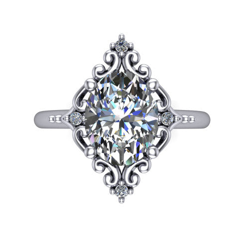 Hazel oval vintage filigree engagement ring in Platinum, top-down view showing the vintage scrollwork frame and corner diamond accents around the oval center