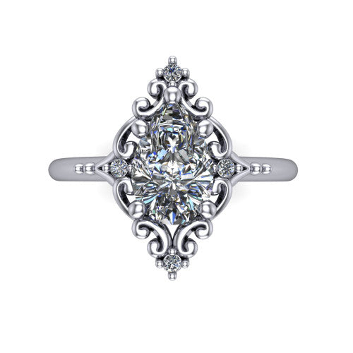 Hazel pear vintage filigree engagement ring in 14K White Gold, top-down view showing the vintage scrollwork frame and corner diamond accents around the pear center