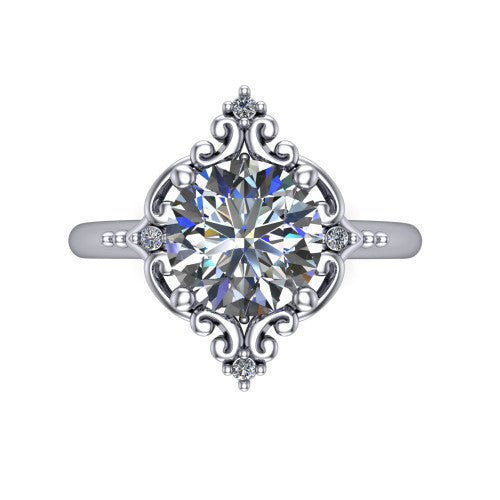 Hazel round vintage filigree engagement ring in Platinum, top-down view showing the vintage scrollwork frame and corner diamond accents around the round center